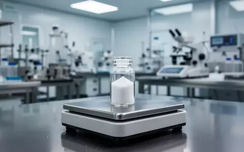 Ein gläsernes Laborfläschchen mit weißem, hochreinem Wirkstoffpulver auf einer digitalen Präzisionswaage im Labor. - Foto: über boerse-global.de