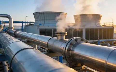 Moderne industrielle Wasserstoff-Produktionsanlage bei Sonnenaufgang mit metallischen Rohrleitungen und aufsteigendem Dampf. - Foto: über boerse-global.de