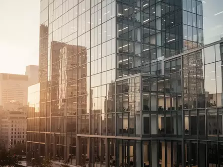 Moderne Glasfassade eines Bürogebäudes im Finanzviertel bei goldenem Licht. - Foto: über boerse-global.de