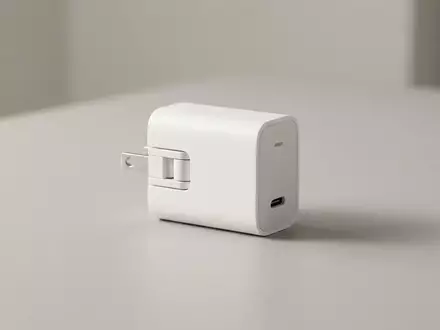 Ein weißes Apple-Netzteil mit einklappbarem Eurostecker auf einem minimalistischen Schreibtisch. - Foto: über boerse-global.de