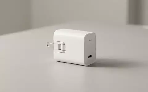 Ein weißes Apple-Netzteil mit einklappbarem Eurostecker auf einem minimalistischen Schreibtisch. - Foto: über boerse-global.de