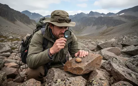 Ein Geologe untersucht bei Tageslicht Gesteinsproben in einer abgelegenen, felsigen Berglandschaft. - Foto: über boerse-global.de