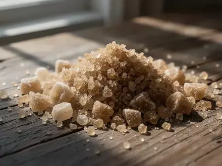 Nahaufnahme von braunem Rohrzucker auf einem rustikalen Holztisch bei natürlichem Licht. - Foto: über boerse-global.de