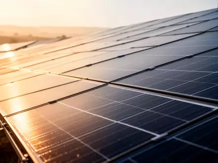 Moderne Solarpark-Anlage bei Sonnenuntergang mit Fokus auf die Photovoltaik-Module. - Foto: über boerse-global.de