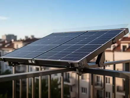 Ein modernes steckerfertiges Solarmodul, das an einem Balkongeländer eines Wohnhauses montiert ist. - Foto: über boerse-global.de