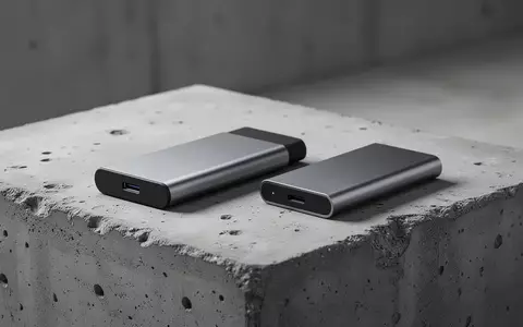 Zwei moderne, minimalistische portable SSD-Festplatten auf einem industriellen Betonuntergrund. - Foto: über boerse-global.de