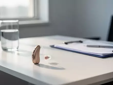 Ein Hörgerät auf einem Schreibtisch in einem medizinischen Untersuchungsraum bei natürlichem Tageslicht. - Foto: über boerse-global.de