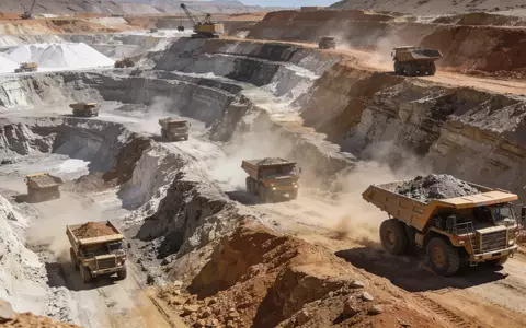 Eine weitlĂ€ufige Lithium-Tagebaumine mit schweren Industriefahrzeugen und terrassierten GrubenwĂ€nden bei Tageslicht. - Foto: ĂŒber boerse-global.de