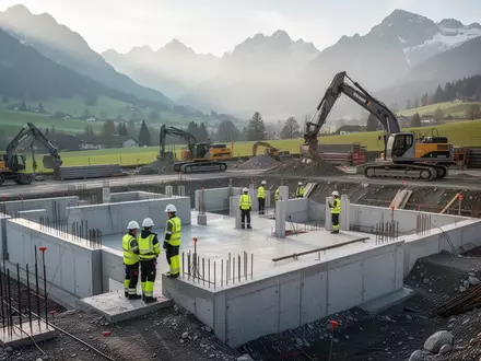 Moderne Baustelle für Infrastrukturprojekte in einer schweizerischen Landschaft mit Arbeitern und Baumaschinen. - Foto: über boerse-global.de