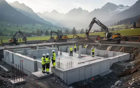 Moderne Baustelle für Infrastrukturprojekte in einer schweizerischen Landschaft mit Arbeitern und Baumaschinen. - Foto: über boerse-global.de