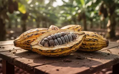 Geerntete Kakaofrüchte auf einem Holztisch in einer sonnigen Plantage. - Foto: über boerse-global.de