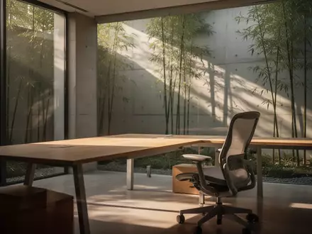 Ein minimalistischer, heller Büroarbeitsplatz mit einem leeren Schreibtisch und einer ruhigen, von Pflanzen geprägten Umgebung. - Foto: über boerse-global.de