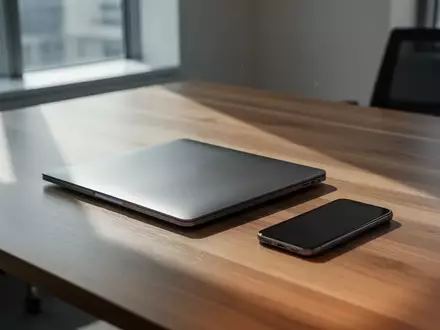 Ein geschlossener Laptop und ein Smartphone auf einem minimalistischen Bürotisch in einer ruhigen Arbeitsumgebung. - Foto: über boerse-global.de