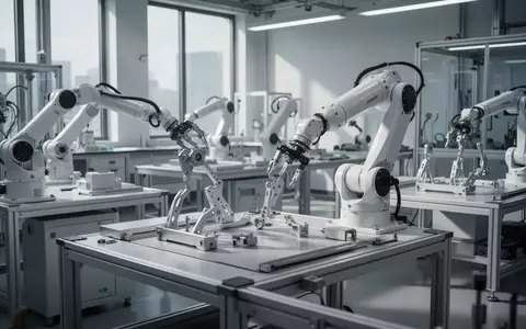 Moderne Produktionshalle für humanoide Robotik mit technischen Bauteilen in einer hellen, sterilen Laborumgebung. - Foto: über boerse-global.de