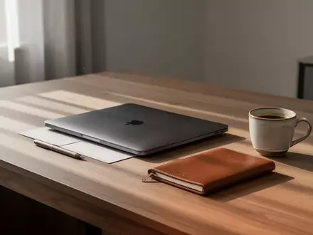 Ein minimalistischer Schreibtisch mit einem geschlossenen Laptop und einem Notizbuch in einem hellen, modernen Raum. - Foto: über boerse-global.de