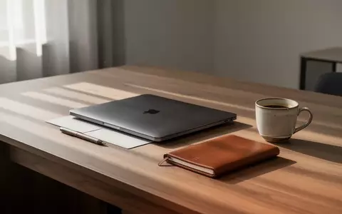 Ein minimalistischer Schreibtisch mit einem geschlossenen Laptop und einem Notizbuch in einem hellen, modernen Raum. - Foto: über boerse-global.de