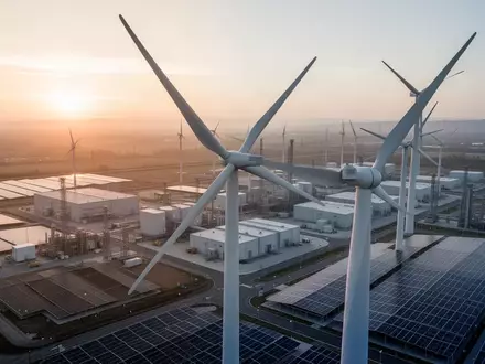 Moderne Industrieanlage für erneuerbare Energien mit Windkraftanlagen und Solarpaneelen bei Sonnenaufgang. - Foto: über boerse-global.de