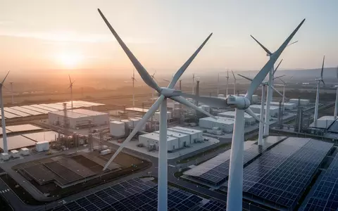 Moderne Industrieanlage für erneuerbare Energien mit Windkraftanlagen und Solarpaneelen bei Sonnenaufgang. - Foto: über boerse-global.de