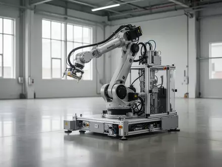 Ein moderner, autonomer Industrieroboter in einer sauberen Lagerhalle mit poliertem Betonboden bei natürlichem Licht. - Foto: über boerse-global.de