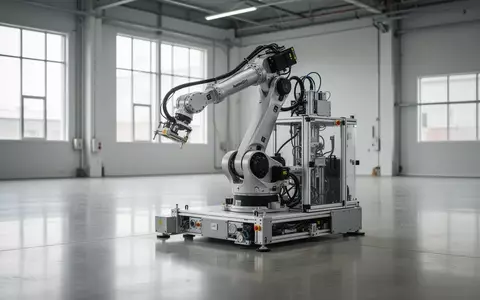 Ein moderner, autonomer Industrieroboter in einer sauberen Lagerhalle mit poliertem Betonboden bei natürlichem Licht. - Foto: über boerse-global.de