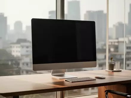 Ein minimalistischer Büroarbeitsplatz mit einem ausgeschalteten Computerbildschirm in einem modernen indischen Technologiezentrum. - Foto: über boerse-global.de