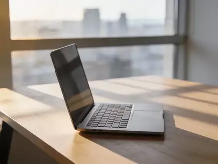 Minimalistischer Arbeitsplatz mit Laptop vor einem unscharfen Stadtpanorama bei natürlichem Tageslicht. - Foto: über boerse-global.de