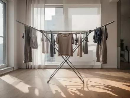 Ein Wäscheständer mit bogenförmig aufgehängter Wäsche in einem hellen, modernen Wohnraum. - Foto: über boerse-global.de