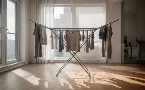 Ein Wäscheständer mit bogenförmig aufgehängter Wäsche in einem hellen, modernen Wohnraum. - Foto: über boerse-global.de