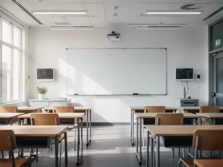 Ein heller, moderner Klassenraum mit leeren Tischen und einer leeren Tafel, der die Integration digitaler Bildungstechnologie symbolisiert. - Foto: über boerse-global.de
