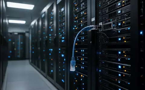 Ein dunkler Serverraum mit blinkenden Kontrollleuchten an den Racks und einem herausgezogenen Netzwerkkabel. - Foto: über boerse-global.de