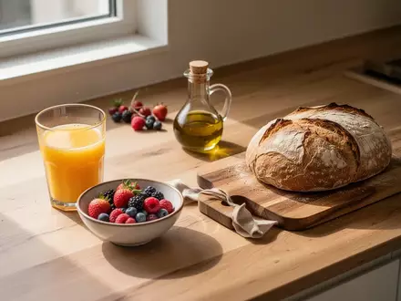 Ein minimalistisch gedeckter Frühstückstisch mit Obst, Olivenöl und Brot in natürlichem Morgenlicht. - Foto: über boerse-global.de