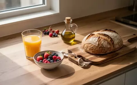 Ein minimalistisch gedeckter Frühstückstisch mit Obst, Olivenöl und Brot in natürlichem Morgenlicht. - Foto: über boerse-global.de