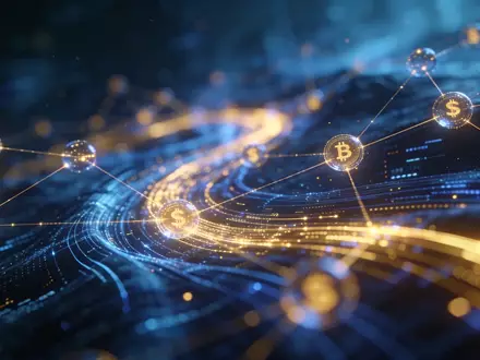 Abstrakte digitale Finanzlandschaft mit leuchtenden Datenströmen und Knotenpunkten als Symbol für dezentrale Finanzen. - Foto: über boerse-global.de