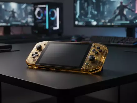 Ein transluzentes goldenes Handheld-Spielgerät auf einer dunklen Oberfläche vor einem unscharfen Gaming-Hintergrund. - Foto: über boerse-global.de