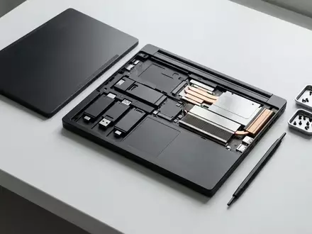 Ein teilweise geöffneter, mattschwarzer modularer Laptop auf einem hellen Arbeitstisch mit sichtbaren internen Komponenten. - Foto: über boerse-global.de