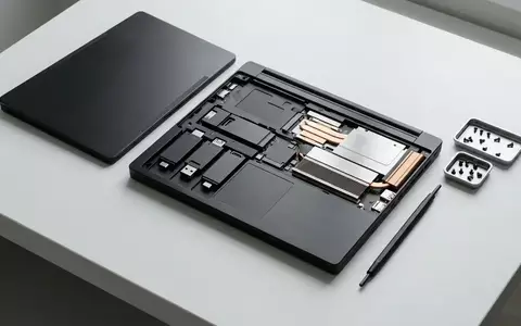 Ein teilweise geöffneter, mattschwarzer modularer Laptop auf einem hellen Arbeitstisch mit sichtbaren internen Komponenten. - Foto: über boerse-global.de