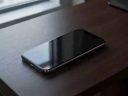 Ein Smartphone liegt auf einem dunklen Holztisch in einer ruhigen Büroumgebung, das Display ist dunkel. - Foto: über boerse-global.de