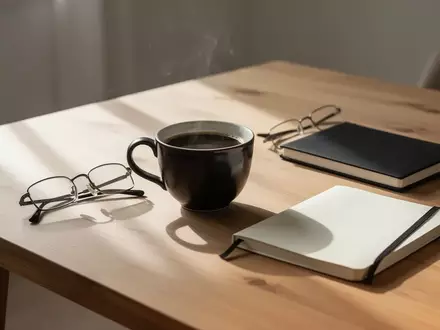 Eine Tasse schwarzer Kaffee neben einer Lesebrille und einem Notizbuch auf einem Holztisch bei Tageslicht. - Foto: über boerse-global.de