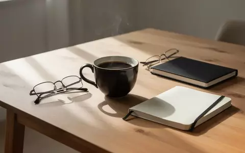 Eine Tasse schwarzer Kaffee neben einer Lesebrille und einem Notizbuch auf einem Holztisch bei Tageslicht. - Foto: über boerse-global.de