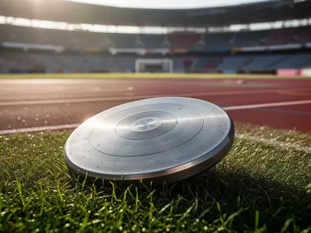 Ein Diskus liegt auf der Tartanbahn eines leeren Leichtathletikstadions bei Sonnenlicht. - Foto: über boerse-global.de
