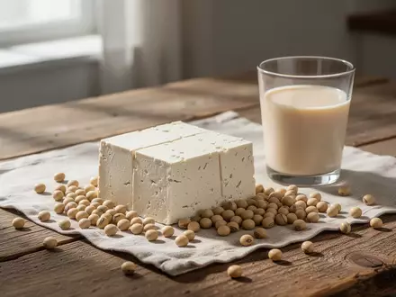 Ein minimalistisches Arrangement aus Tofu, Sojadrink und Sojabohnen auf einem hölzernen Küchentisch bei natürlichem Tageslicht. - Foto: über boerse-global.de