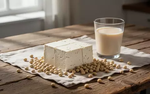Ein minimalistisches Arrangement aus Tofu, Sojadrink und Sojabohnen auf einem hölzernen Küchentisch bei natürlichem Tageslicht. - Foto: über boerse-global.de