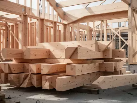 Ein moderner Holzbau auf einer Baustelle mit präzise gestapelten Holzbalken und architektonischen Strukturen. - Foto: über boerse-global.de