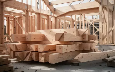 Ein moderner Holzbau auf einer Baustelle mit präzise gestapelten Holzbalken und architektonischen Strukturen. - Foto: über boerse-global.de