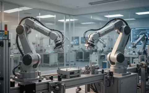 Moderne Industrieroboter in einer automatisierten Fertigungshalle, die für die technologische Zusammenarbeit steht. - Foto: über boerse-global.de