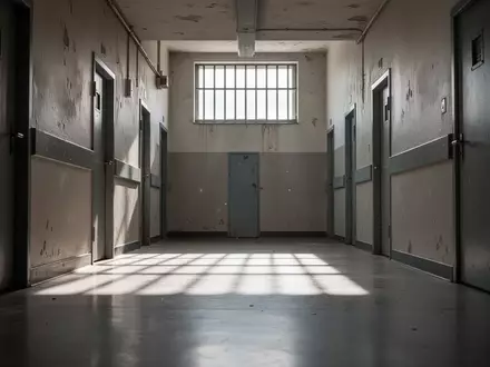 Ein leerer, steriler Flur in einer Justizvollzugsanstalt mit einfallendem Sonnenlicht und langen Schatten an den Wänden. - Foto: über boerse-global.de