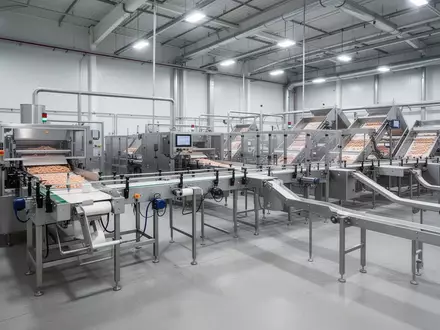 Moderne, automatisierte Produktionsanlage in einer Lebensmittelverarbeitungshalle mit Edelstahlmaschinen. - Foto: über boerse-global.de