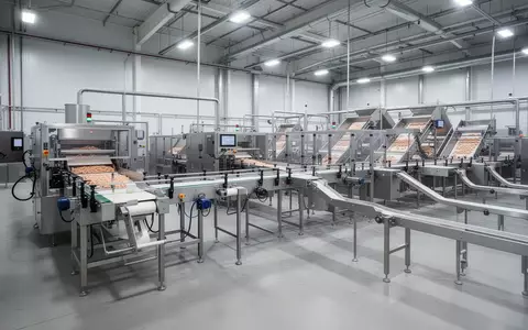 Moderne, automatisierte Produktionsanlage in einer Lebensmittelverarbeitungshalle mit Edelstahlmaschinen. - Foto: über boerse-global.de