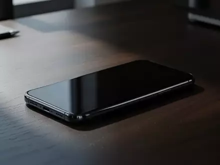Ein modernes Smartphone mit ausgeschaltetem Bildschirm auf einem dunklen Büroschreibtisch. - Foto: über boerse-global.de