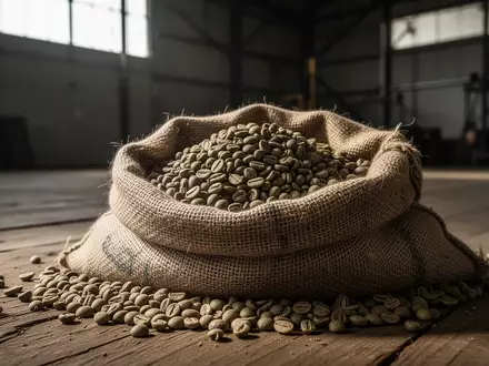 Rohkaffeebohnen in einem Jutesack auf einem Lagerhallenboden - Foto: über boerse-global.de